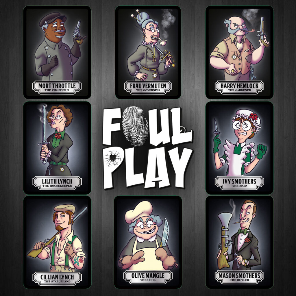 Foul Play murder mystery on cards - the suspect cards