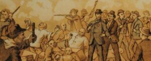 Charles Harris: riots, politicians and tabloids - print of Seattle race riot from 1886 - sepia tinted drawing people in suits with guns and clubs along with Chinese falling to the ground - West Shore Magazine, Public domain, via Wikimedia Commons